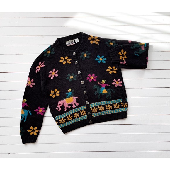 Forenza Sweaters - black embroidered sweater 80s 90s vintage Forenza elephant horse floral cardigan